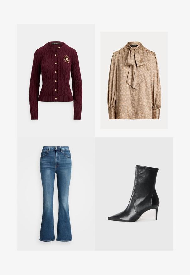 Bordeauxrød kabelstrikket cardigan med rund halsudskæring, gyldne knapper og broderet logo på venstre bryst. Ribstrikkede manchetter og kant.; Beige bluse med høj hals og sløjfe. Har et geometrisk mønster i guld og creme, lange ærmer med samlede manchetter, silkeagtig tekstur.; Højtsiddende flared jeans i medium blå denim, med et klassisk femlommers design og kontraststing. Kanterne er rå.; Sorte ankelstøvler lavet af glat læder, med spids tå, tætsiddende skaft og en slank høj hæl. Minimalistisk design uden synligt hardware.