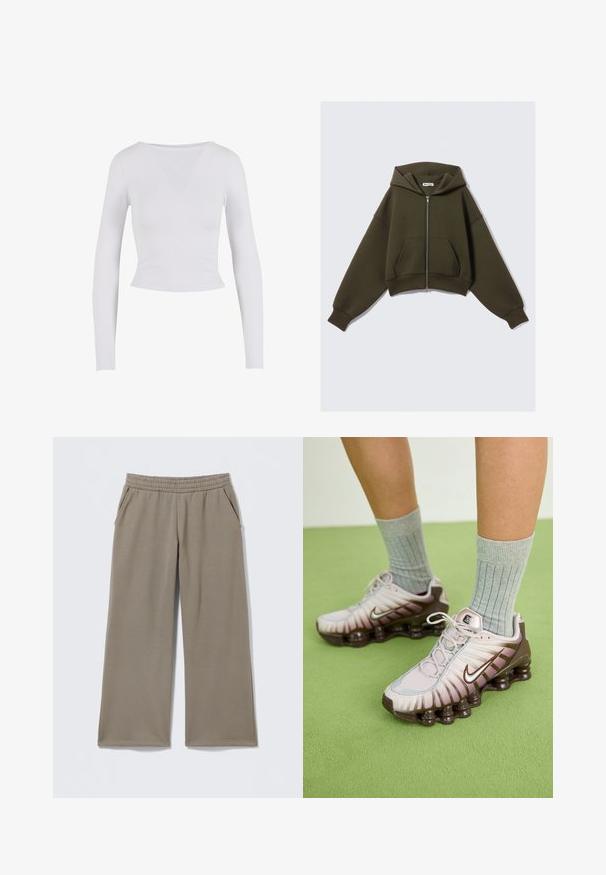 Sudadera con capucha de cremallera en verde oscuro, con bolsillos delanteros y puños acanalados, mostrada extendida sobre un fondo blanco.; Top corto de manga larga blanco con cuello redondo, hecho de una tela suave y elástica, que presenta un diseño ajustado y sin cierres visibles.; Pantalones anchos color topo con cintura elástica y bolsillos laterales, extendidos sobre un fondo claro.; Zapatillas Nike en rosa claro y marrón, con un upper texturizado, diseño en capas y suela con amortiguación que incluye unidades de aire visibles.