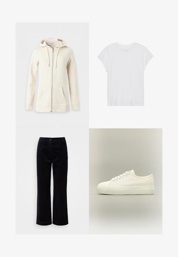 Cream-colored zip-up hoodie with front pockets and drawstrings on the hood, displayed on a plain background.; White short-sleeve t-shirt with a round neck, relaxed fit, made of soft cotton fabric. Smooth texture, no patterns or logos.; Black corduroy straight-leg pants with button and zipper closure, belt loops, and side pockets on a white background.; White low-top canvas sneaker with lace-up front and thick textured rubber sole on a neutral background.