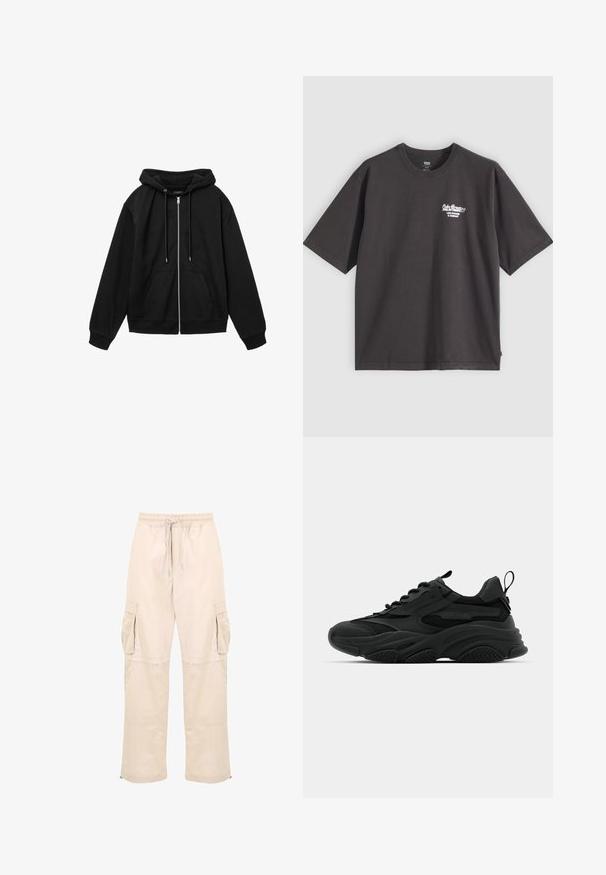 Haut de sweat à capuche zippé noir avec une texture douce, grandes poches avant et capuche réglable avec cordon. Présente des manches amples et un ourlet droit.; T-shirt gris foncé à manches courtes avec petit lettrage blanc sur le haut gauche de la poitrine, col rond et coupe décontractée.; Pantalons cargo beiges avec une taille élastique, un cordon de serrage et deux poches latérales. Tissu léger avec un design ample et jambes droites.; Baskets de sport noires avec une semelle épaisse, des panneaux en mesh et des accents en caoutchouc. Elles disposent d'une sangle de traction à l'arrière et de motifs texturés.