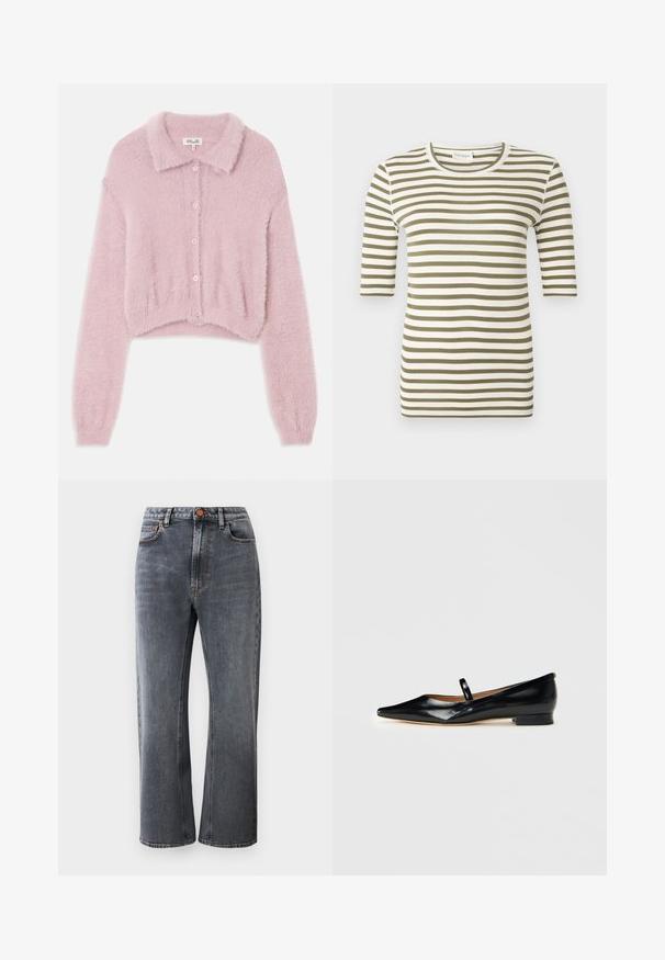 Rosa kort cardigan med en luftig tekstur, knappeåpning foran og kragehals. Lange ermer som smalner inn ved håndleddene.; Kortermet skjorte med olivengrønne og hvite horisontale striper og en rund halslinning på en ensfarget bakgrunn.; Mørk grå denimjeans med høy midje, rett passform, fem lommer og kontrastfarget oransje søm.; Svarte lakk lær spisse tå Mary Jane flate sko med en enkelt stropp og lav hæl på vanlig bakgrunn.