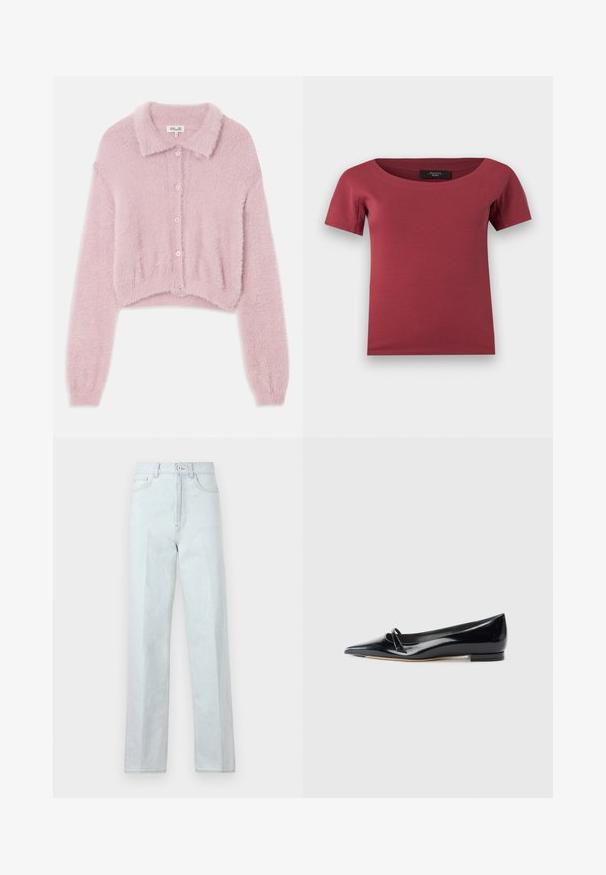Lyserød cropped cardigan med en fuzzy tekstur, knaplukning foran og krave. Lange ærmer der snævrer ind ved håndleddene.; Korte ærmer, mørk rosenrød dametop med bred rund hals og tætsiddende pasform, lagt fladt på en hvid baggrund.; Lysblå denim jeans med bred benpasform og høj talje, der har en frontlynlås, knaplukning og klassisk fem-lommemodel.; Sorte patentlæder flade sko med spids tå, lille dekorativ rem og lav blokhæl. Glat tekstur og strømlinet design.