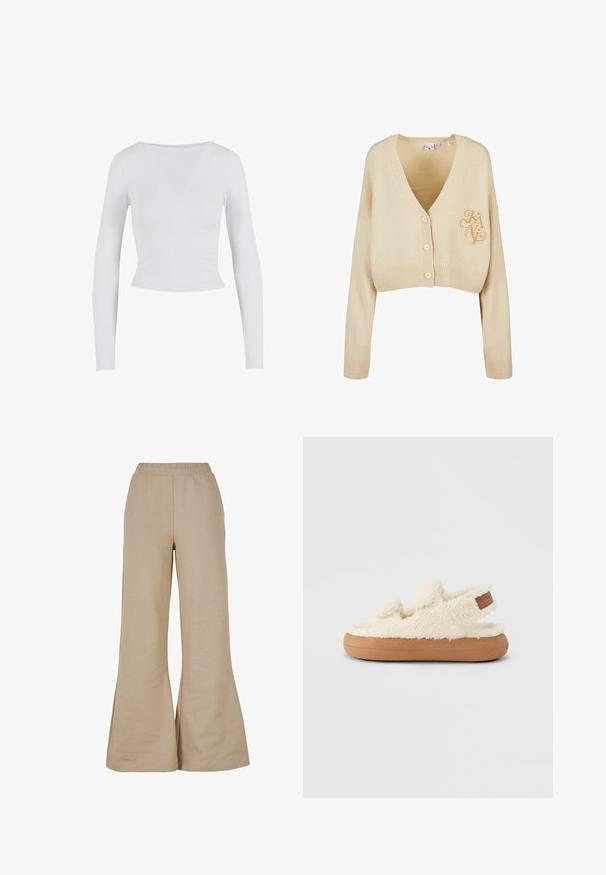 Cárdigan corto beige hecho de un suave tejido de punto. Presenta un escote en V profundo, mangas largas, dobladillos acanalados y un logo bordado en el lado izquierdo.; Top corto de manga larga blanco con cuello redondo, hecho de una tela suave y elástica, que presenta un diseño ajustado y sin cierres visibles.; Pantalones beige de pierna ancha hechos de tejido suave, con una cinturilla elástica y una textura lisa, con dobladillos acampanados para un ajuste relajado.; Zapatillas de felpa color crema con textura de piel suave y suela de goma marrón. Cuentan con correas ajustables para un mejor calce. Diseño simple y parte trasera abierta.