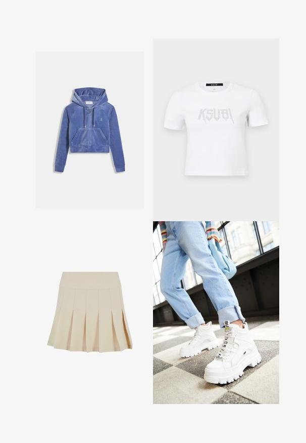 Kort hættetrøje i lyseblå med lynlås foran, snøre i hætten og kengurulomme. Fremstillet af blødt, tekstureret stof med logo-detalje.; Hvid kortærmet T-shirt lavet af bomuld, med etn studdet logo design i sølv på fronten. Enkel rund halsudskæring og afslappet pasform.; Beige plisseret nederdel med en tætsiddende talje, lavet af et glat stof. Har flere lodrette plisser og en lige kant.; Hvide klodsede sneakers med tykke såler, snørebånd foran og mærkeflag. Båret med lyseblå jeans med opsmøg på et mønstret gulv.