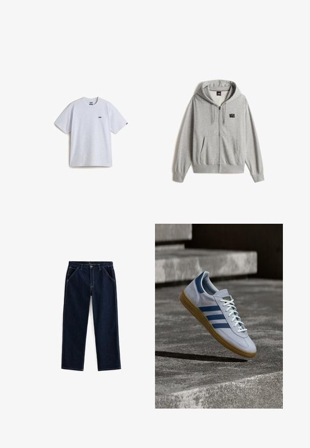 Grijze hoodie met ritssluiting, gemaakt van zachte stof, voorzien van een capuchon met trekkoord, steekzakken aan de voorkant en een zwart Vans-logo op de linker borst.; Lichtgrijs T-shirt met korte mouwen, gemaakt van katoen, met een klein zwart logo op de borst en een ronde halslijn. Eenvoudig ontwerp, geen patronen.; Donkerblauwe denim jeans met een rechte pijp, voorzien van vijf zakken en contrasterende witte stiksels langs de naden en zakken.; Lichtblauwe Adidas Spezial sneaker met marineblauwe strepen en rubberen zool, getoond in de lucht boven betonnen trappen in een neutrale buitenomgeving.