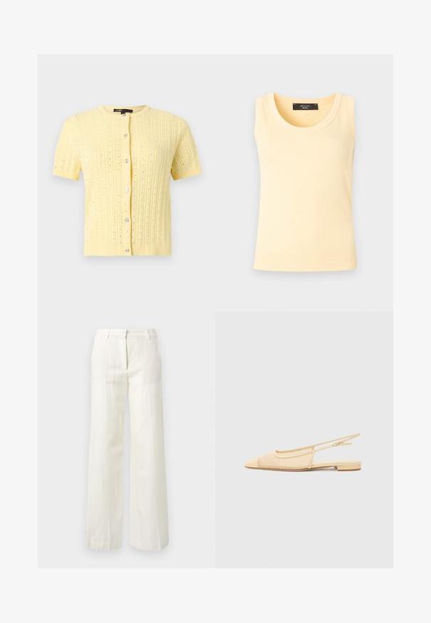 Cardigan jaune à manches courtes en maille, avec encolure ronde, motif ajouré vertical et six boutons argentés brillants sur le devant.; Débardeur en maille côtelée sans manches de couleur jaune pâle avec col rond et étiquette de marque noire à l'intérieur du col.; Pantalon blanc sur mesure avec fines rayures verticales, fermeture éclair à l'avant, passants de ceinture et coupe droite.; Chaussure plate slingback en beige clair avec une tige en maille, un bout pointu et un petit talon. Dotée d'une sangle ajustable pour un bon maintien.