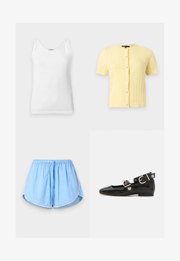 Cardigan jaune à manches courtes en maille, avec encolure ronde, motif ajouré vertical et six boutons argentés brillants sur le devant.; Débardeur blanc côtelé sans manches avec bordure en dentelle sur les bretelles, doté d'un col rond.; Shorts pour femmes bleu clair avec ceinture élastique, cordon de serrage et bordure blanche le long des ourlets incurvés sur un fond uni.; Ballerine en cuir verni noir avec un bout carré, sangle de cheville avec des détails en métal argenté et semelle plate. Texture lisse avec un design minimaliste.