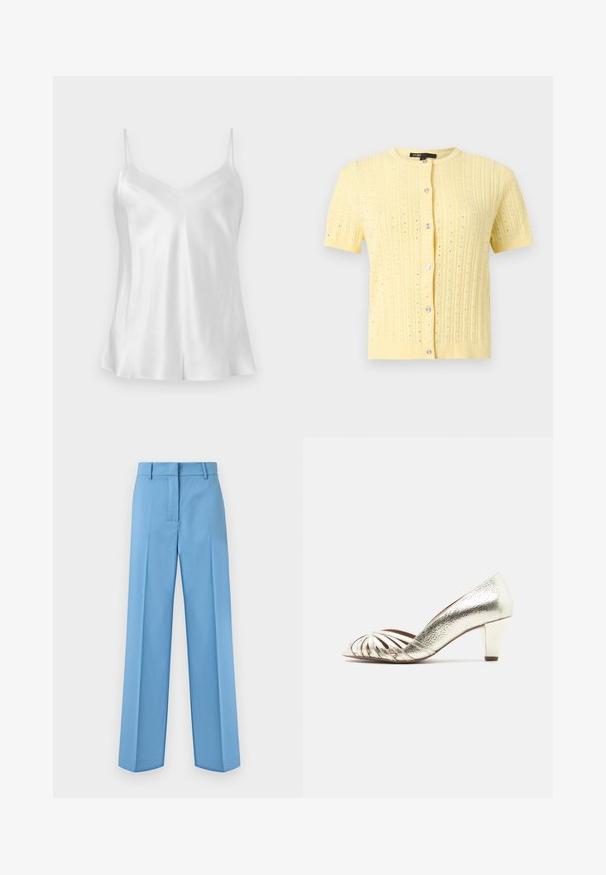 Cardigan jaune à manches courtes en maille, avec encolure ronde, motif ajouré vertical et six boutons argentés brillants sur le devant.; Haut camisole en satin blanc avec fines bretelles spaghetti et décolleté en V, présenté à plat sur un fond neutre.; Pantalon droit bleu clair ajusté avec passants pour ceinture et fermeture éclair à l'avant, présenté sur un fond blanc.; Sandale femme dorée à talon bas, bout ouvert et multiples fines lanières sur le devant, finition métallique texturée.