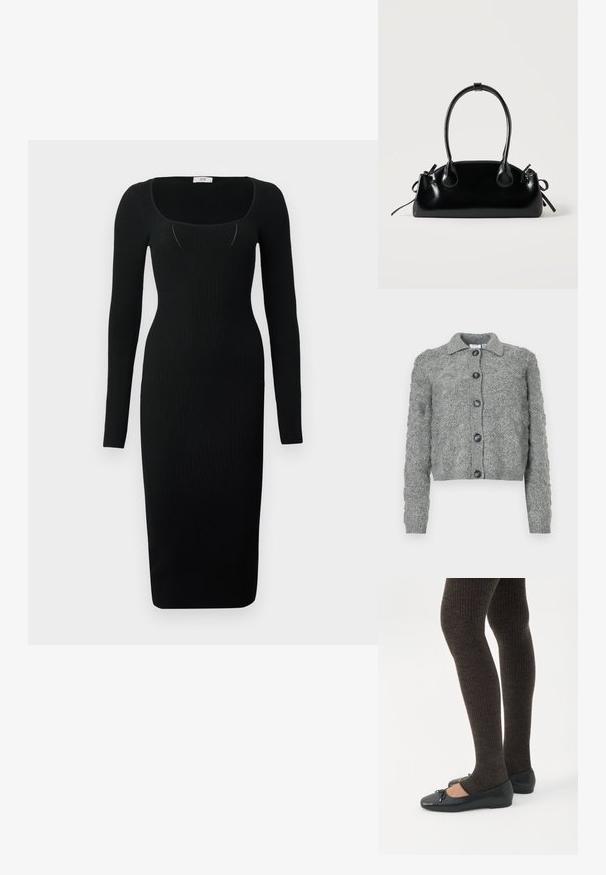 Gilet boutonné gris avec un motif de tricot texturé, manches longues, poignets côtelés et col.; Robe midi noire côtelée à manches longues, décolleté carré et coupe ajustée. Texture lisse avec une silhouette moulante.; Jambes portant des leggings côtelés foncés associés à des ballerines noires avec de petits détails en nœud sur fond blanc.; Petit sac à main noir brillant avec deux longues anses et des détails à cordon sur les côtés sur un fond clair uni.