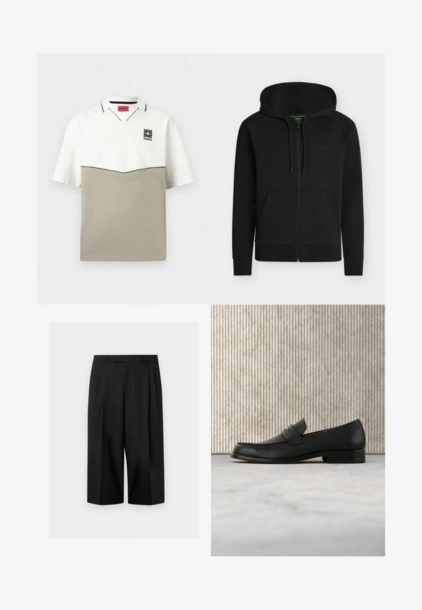 Sweat à capuche noir zippé avec poches avant, capuche réglable par cordon et logo discret « BOSS » sur la poitrine gauche.; Polo manches courtes avec moitié supérieure blanche, moitié inférieure beige, bordure noire et petit logo floral noir avec texte "HUGO" sur la poitrine.; Pantalon noir à jambes larges et courtes avec passants de ceinture et plis avant, présenté sur un fond clair uni.; Mocassin en cuir noir flottant au-dessus d'un tapis beige avec une table ronde brune brillante en arrière-plan.