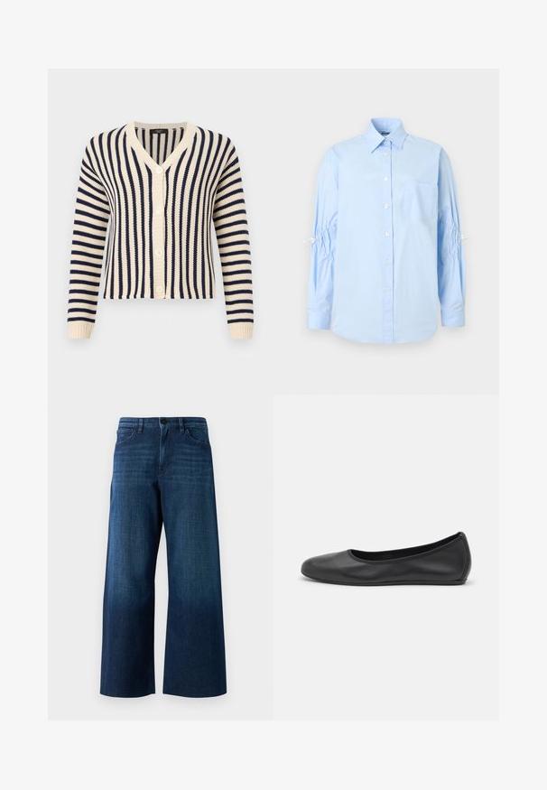 Strikket cardigan i creme og marineblå striber med lange ærmer, V-udskæring og knaplukning foran.; Lyseblå langærmet skjorte med knapper, spidst krave, brystlomme og rynkede ærmedetaljer samlet med hvide stropper.; Bredde ben mørkeblå denimjeans med frontknap, bæltestropper og klassisk fem-lomme design på ensfarvet baggrund.; Sort læderballetsko med rund tå, glat tekstur, minimal syning og et fleksibelt såldesign.