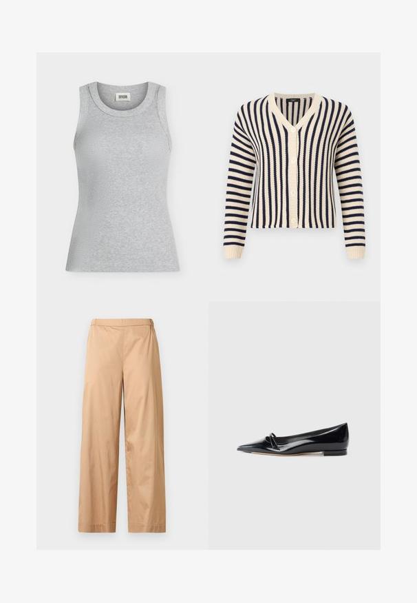 Cardigan tricoté à rayures crème et bleu marine, manches longues, col en V, et fermeture à boutons sur le devant.; Débardeur côtelé gris clair sans manches avec un col rond et une étiquette DRYKORN à l'intérieur du col.; Pantalon beige à jambes larges avec une taille haute, un devant plat et un ourlet droit, présenté sur un fond gris clair uni.; Chaussure plate en cuir verni noir avec un bout pointu, une petite lanière décorative et un petit talon carré. Texture lisse et design épuré.
