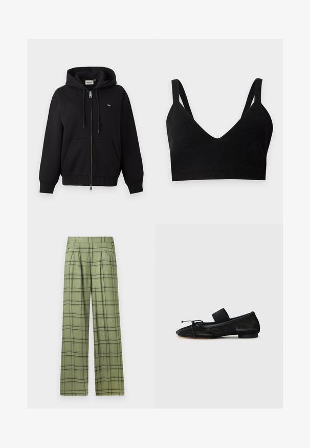 Schwarzer Kapuzenpullover mit Reißverschluss, Kordelzug an der Kapuze, vorderen Kängurutaschen, gerippten Bündchen und kleinem Carhartt-Logo auf der linken Brust.; Schwarzes Strick-Bralette mit tiefem V-Ausschnitt, breiten Schulterträgern und einem gerippten Bund. Glatte Textur ohne sichtbare Beschläge oder Akzente.; Grüne weit geschnittene Hose mit schwarzem Karomuster und hohem Bund, vorderen Falten und Seitentaschen.; Schwarze flache Schuhe mit einer spitzen Zehe, aus strukturiertem Stoff, mit einem Schleifenakzent und einem kleinen, runden Absatz. Elastisches Band am Knöchel.