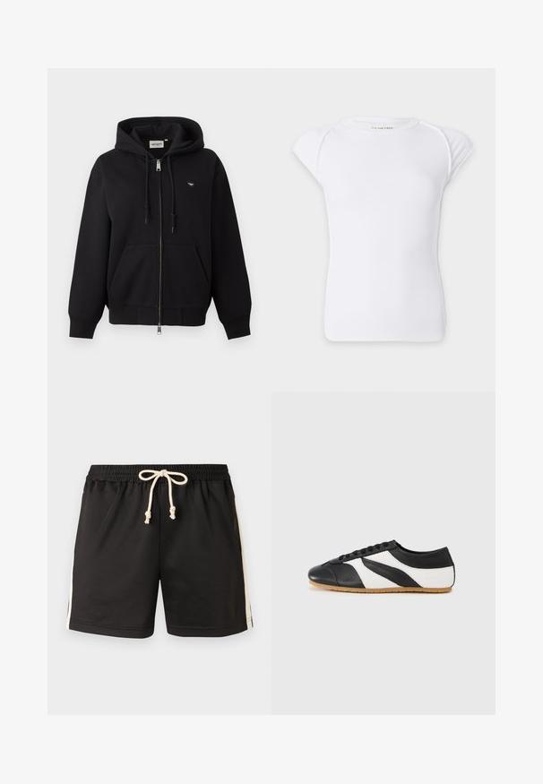 Sweat à capuche noir zippé avec cordon de serrage, poches kangourou à l'avant, poignets en bord-côte et petit patch logo Carhartt sur la poitrine gauche.; T-shirt blanc à manches courtes en maille côtelée avec un col rond et des épaules légèrement tombantes sur un fond uni.; Shorts de sport noirs avec taille élastique et cordon blanc, ornés de bandes blanches sur les côtés, présentés sur un fond uni.; Baskets noires et blanches au design incurvé, en cuir, avec un embout texturé noir et une semelle en caoutchouc naturel. Fermeture à lacets.