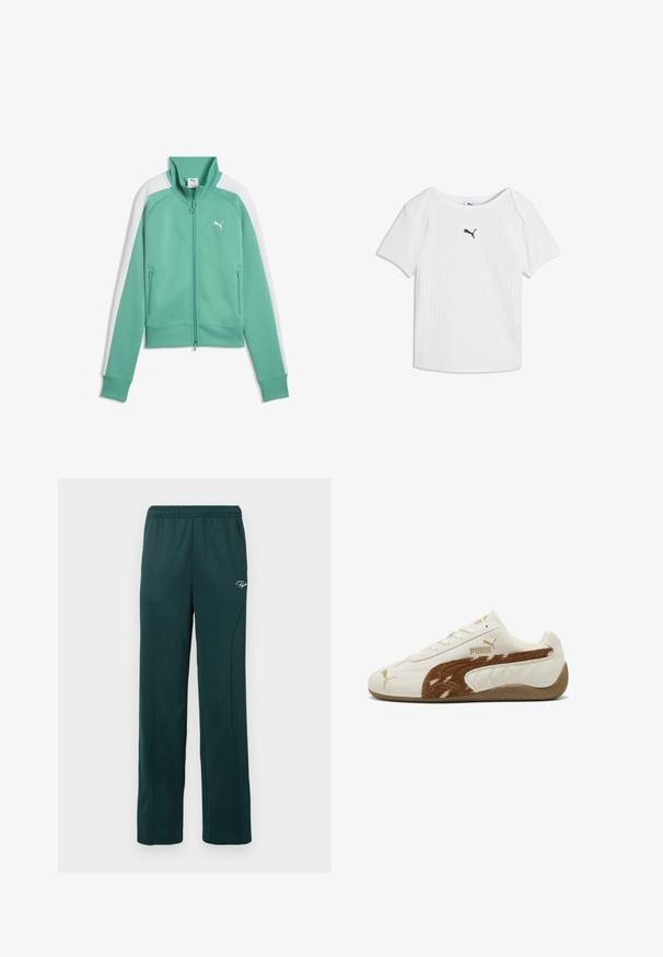 Chaqueta deportiva mint verde de Puma con cremallera frontal completa, cuello y puños acanalados, rayas blancas en las mangas y bolsillos laterales con cremallera.; Camiseta blanca acanalada de manga corta con escote redondo y un pequeño logo negro de Puma en el centro del pecho.; Pantalones de chándal verde oscuro hechos de una tela suave, con una cintura elástica y costuras laterales, y un pequeño logo en la parte delantera.; Zapatilla blanca Puma con franja de ante marrón y suela de goma, con cordones, mostrando el perfil derecho sobre fondo blanco.