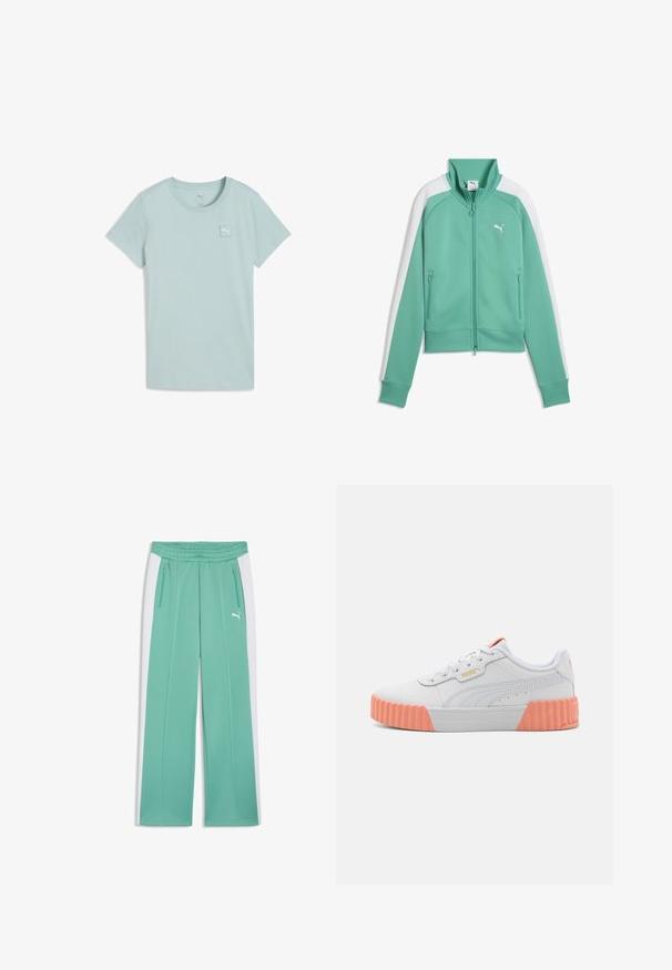 Mätovo zelená tréningová bunda Puma s celoprepínacím zipsom, rebrovaným golierom a manžetami, bielymi pruhmi na rukávoch a vreckami so zipsom na bokoch.; Svetlomodré krátky rukáv tričko z mäkkej bavlny, s štvorcovou logovou nášivkou na ľavej strane hrudníka a klasickým okrúhlym výstrihom.; Mätové teplákové nohavice s bielymi bočnými pásikmi, elastickým pásom, vreckami na zips a malým bielym logom Puma na pravej stehne.; Biele tenisky s textúrovaným koženým zvrškom, ružovou gumovou platformou a bielymi šnúrkami. Obsahujú zlaté logo a jemné bočné detaily.