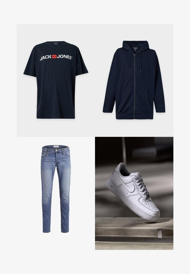 Mørkeblå hættetrøje med lynlås, forlommer, snørejusteret hætte samt ribkanter og bund, lagt fladt på en hvid baggrund.; Sort T-shirt med korte ærmer med hvid "JACK JONES" tekst og et rødt firkantet logo centreret på brystet.; Smalpassende blå jeans lavet af denim, med en falmet vask, fem lommer og en lynlås i front med knaplukning.; Hvid læder Nike Air Force 1 sneaker med perforeret tå, flade snørebånd og tekstureret gummisål med "AIR" branding på siden.