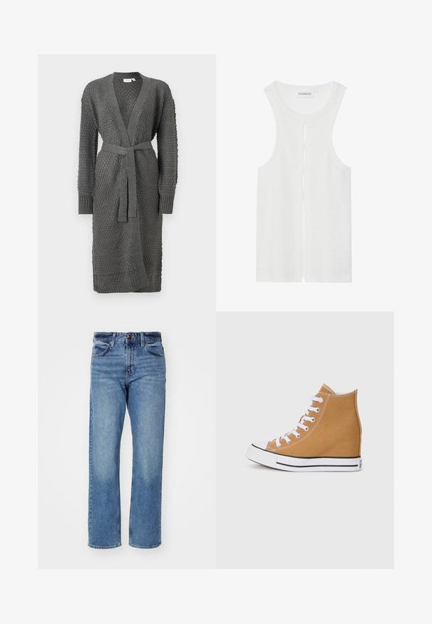 Harmaa neulecardigan, jossa on tekstuuri, pitkät hihat, auki oleva etuosa ja solmittava vyö. Viimeistelty ribbauskauluksilla ja helmalla.; Valkoinen hihaton paita, jossa on ribbetty pinta, pyöreä pääntie ja leikkauksen yksityiskohta etuosassa. Pehmeä kangas.; Vaaleansiniset suorat farkut, jotka on valmistettu denimestä. Ominaisuuksiin kuuluu viisi taskua, klassinen napitus ja huomaamaton haalistuminen kankaan läpi.; Korkeat tennarit vaalean ruskeasta kankaasta, joissa on valkoiset nauhat, kuminen varvaskuppi ja mustaraitainen pohja. Rakenne on teksturoitu ja siinä on ompeluyksityiskohtia.