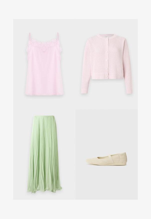 Cardigan tricoté rose clair avec un col rond, manches longues et fermeture à boutons. Présente un motif texturé et des poignets côtelés.; Camisole rose avec des bretelles réglables, ornée d'une délicate bordure en dentelle le long de l'encolure et d'une texture de tissu lisse et doux.; Jupe longue plissée vert clair avec un tissu fluide et une taille élastique, présentée sur un fond blanc.; Ballerines beiges avec une exterior en cuir lisse, un bout en forme d'amande et une sangle élastique sur le coup de pied, avec des détails de couture subtils.
