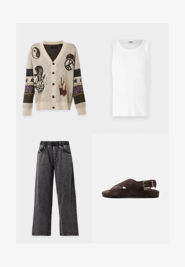 Cardigan beige boutonné avec des motifs tricotés comprenant un serpent sur un crâne, yin-yang, signe de paix, flammes et manches à motifs.; Débardeur en coton blanc sans manches avec un col rond et une texture lisse. Design simple, sans motifs ni accents.; Pantalon en denim noir à jambes larges avec taille élastique et cordon, avec poches avant et texture délavée.; Sandale en cuir suédé marron avec brides croisées, boucle métallique réglable et semelle plate sur fond clair uni.