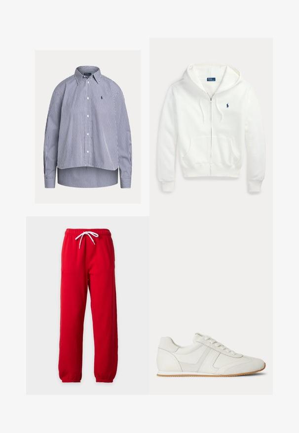 Witte hoodie met rits, capuchon en voorzakken, met een klein blauw Polo Ralph Lauren-logo op de linkerborst.; Witte en donkerblauw verticaal gestreepte blouse met lange mouwen, knopen, kraag en een klein geborduurd logo op de borst.; Rode joggingbroek met witte trekkoorden, elastische tailleband en elastische boorden op een effen lichte achtergrond.; Witte lage sneaker met veters aan de voorkant, suède en leren panelen, en een lichtbruine rubberen zool op een witte achtergrond.