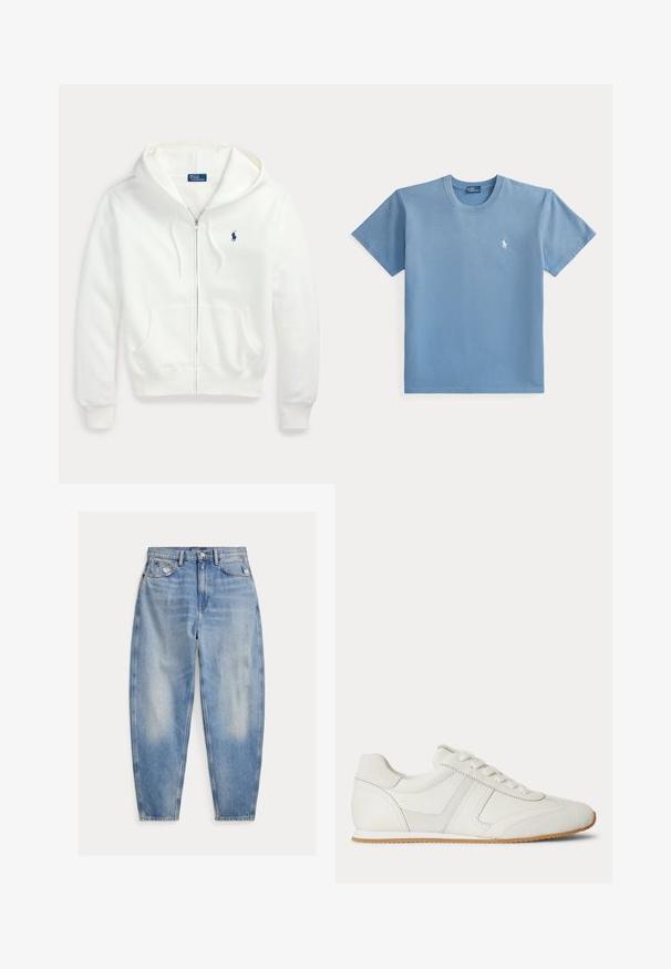 Biely mikina na zips s kapucňou a prednými vreckami, s malým modrým logom Polo Ralph Lauren na ľavej strane hrude.; Jednoduché modré tričko s krátkym rukávom a okrúhlym výstrihom s malým bielym vyšívaným logom na ľavej strane hrudníka.; Svetlomodré džínsy s vysokým pásom, mierne vyblednuté a opotrebované pri predných vreckách, päť vrecový štýl a zužujúce sa nohavice.; Biela nízka teniska so šnurovaním vpredu, zsemišovými a koženými panelmi a svetlohnedou gumovou podrážkou na bielom pozadí.