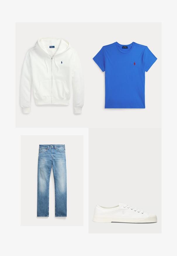 Weißer Kapuzenpullover mit Reißverschluss, Kapuze und Fronttaschen, mit kleinem blauem Polo Ralph Lauren-Logo auf der linken Brust.; Blaues T-Shirt mit kurzen Ärmeln und Rundhalsausschnitt, mit kleinem rotem Polo Ralph Lauren-Logo auf der linken Brust, auf weißem Hintergrund dargestellt.; Hellblaue Straight-Leg-Denim-Jeans mit leichtem Verblassen, Fünf-Taschen-Design und sichtbarem Polo-Markenlabel am Bund.; Weiße Leinensneaker mit runder Zehenpartie, Schnürverschluss und dezentem Logodetail. Verfügt über ein strukturiertes Gewebe und eine Gummisohle.