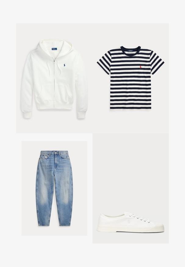 Hvid hættetrøje med lynlås, hætte og forlommer, med en lille blå Polo Ralph Lauren-logo på venstre bryst.; Marineblå og hvide horisontale stribede T-shirt med korte ærmer, rund halsudskæring og en lille rød Polo Ralph Lauren-logo på brystet.; Lyseblå cowboybukser med høj talje med let falmning og slid nær forlommerne, fem-lomme stil og tilspidsede ben.; Hvide lærredssneakers med rund tå, snørelukning og diskret logo-detalje. Har en tekstureret overflade og gummisål.