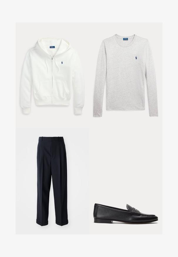 Biely mikina na zips s kapucňou a prednými vreckami, s malým modrým logom Polo Ralph Lauren na ľavej strane hrude.; Svetlošedé tričko s dlhým rukávom a okrúhlym výstrihom s modrým logom Polo Ralph Lauren vyšívaným na ľavej strane hrudníka.; Námořnické vysoké kalhoty z hladké látky. Obsahují sklady a ohrnuté manžety pro upravený vzhled.; Čierny textúrovaný kožený mokasín s nízkym podpätkom a klasickým remienkom na mincu, zobrazený z profilu na jednoduchom svetlom pozadí.