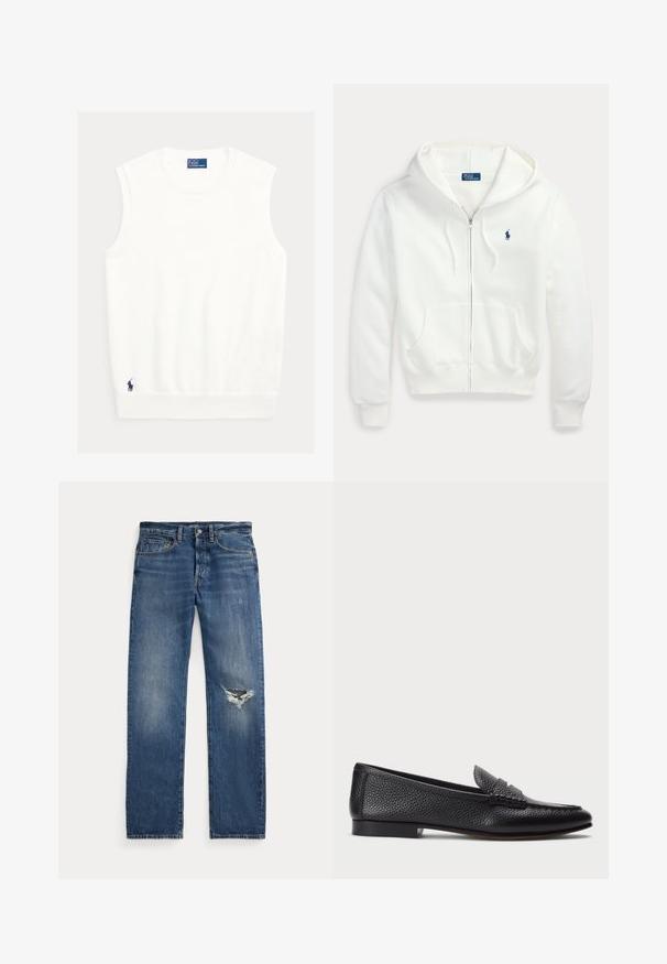 Biely mikina na zips s kapucňou a prednými vreckami, s malým modrým logom Polo Ralph Lauren na ľavej strane hrude.; Biely tielkový top z mäkkého materiálu, s rebrovaným výstrihom a lemom. Malé námornícke logo vyšívané v dolnom ľavom rohu.; Modré džínsy s mid-rise pásom, piatimi vreckami a roztrhnutím na pravom kolene.; Čierne kožené loafers s textúrovaným povrchom, vybavené dekoratívnym pásikom a plochým podpätkom. Elegatný, minimalistický dizajn s okrúhlou špičkou.