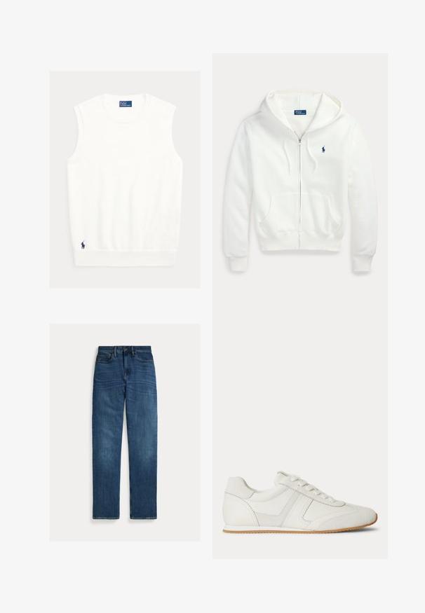 Witte hoodie met rits, capuchon en voorzakken, met een klein blauw Polo Ralph Lauren-logo op de linkerborst.; Witte mouwloze top van zachte stof, met een geribde halslijn en zoom. Klein marineblauw logo geborduurd in de linkerbenedenhoek.; Blauwe denim jeans met rechte pijpen, vijf zakken, knoopsluiting en subtiele vervaging op dijen en knieën, plat op een witte achtergrond gelegd.; Witte lage sneaker met veters aan de voorkant, suède en leren panelen, en een lichtbruine rubberen zool op een witte achtergrond.