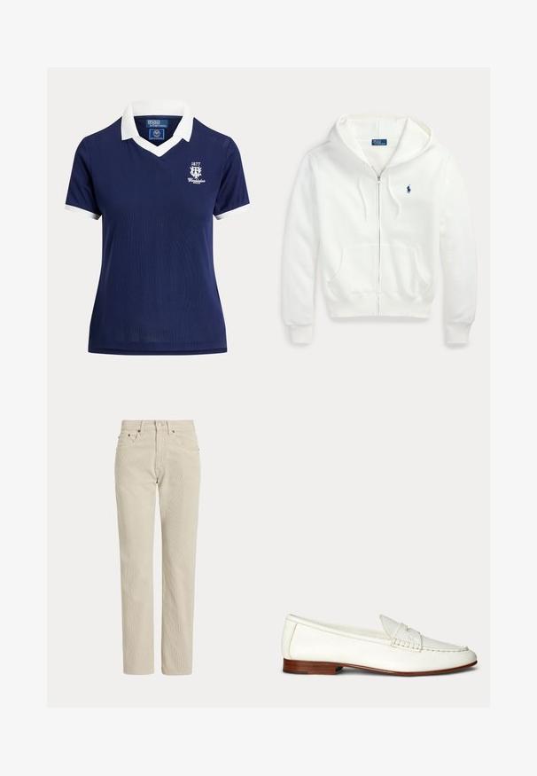 Sweat à capuche zippé blanc avec une capuche et des poches avant, avec un petit logo Polo Ralph Lauren bleu sur la poitrine gauche.; Polo bleu marine à manches courtes avec col et poignets blancs, logo Wimbledon 1877 sur la poitrine gauche, par Polo Ralph Lauren.; Pantalon en velours côtelé beige droit avec passants de ceinture, bouton à l'avant, fermeture éclair et poches avant.; Mocassin en cuir blanc à enfiler avec un petit talon marron et des détails cousus sur le dessus et les côtés.