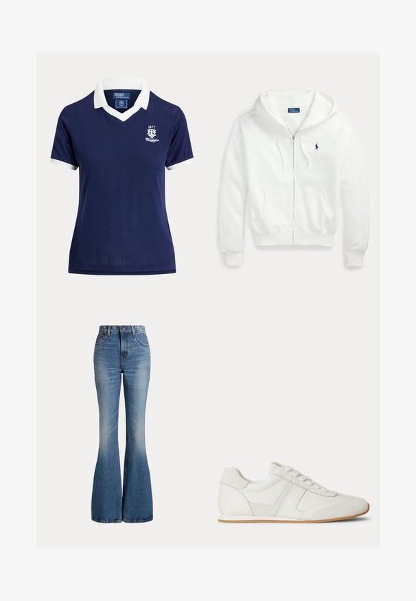 Sweat à capuche zippé blanc avec une capuche et des poches avant, avec un petit logo Polo Ralph Lauren bleu sur la poitrine gauche.; Polo bleu marine à manches courtes avec col et poignets blancs, logo Wimbledon 1877 sur la poitrine gauche, par Polo Ralph Lauren.; Jean en denim bleu taille haute avec jambes évasées et légère décoloration sur la partie avant des cuisses, présenté sur fond blanc.; Baskets basses blanches avec laçage à l'avant, panneaux en daim et cuir, et une semelle en caoutchouc marron clair sur fond blanc.
