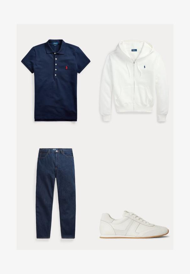 Sudadera blanca con cremallera, capucha y bolsillos delanteros, con un pequeño logo azul de Polo Ralph Lauren en el pecho izquierdo.; Polo azul marino de manga corta con cuatro botones blancos y logo bordado en rojo en el pecho, cuello doblado hacia abajo.; Vaqueros de mezclilla azul oscuro con cinco bolsillos, cierre de botón y corte recto, colocados planos sobre un fondo blanco.; Zapatilla blanca de corte bajo con cordones en la parte frontal, paneles de ante y cuero, y una suela de goma marrón claro sobre un fondo blanco.