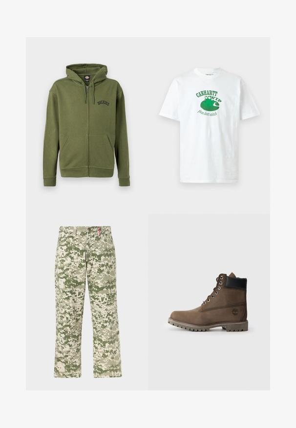 Sweat à capuche zippé vert olive avec poches avant, capuche ajustable avec cordon de serrage et logo "Dickies" sur la poitrine gauche.; T-shirt blanc à manches courtes avec un graphisme de grenouille verte assise sur un nénuphar et le texte « Carhartt WIP please don't snitch » sur le devant.; Pantalons droits pour hommes avec motif camouflage pixellisé vert et beige, poches avant, présentés sur un fond clair.; Bottines en cuir marron avec un col noir, œillets en métal et semelle grise robuste. Comprend un logo sur le côté et des détails cousus.
