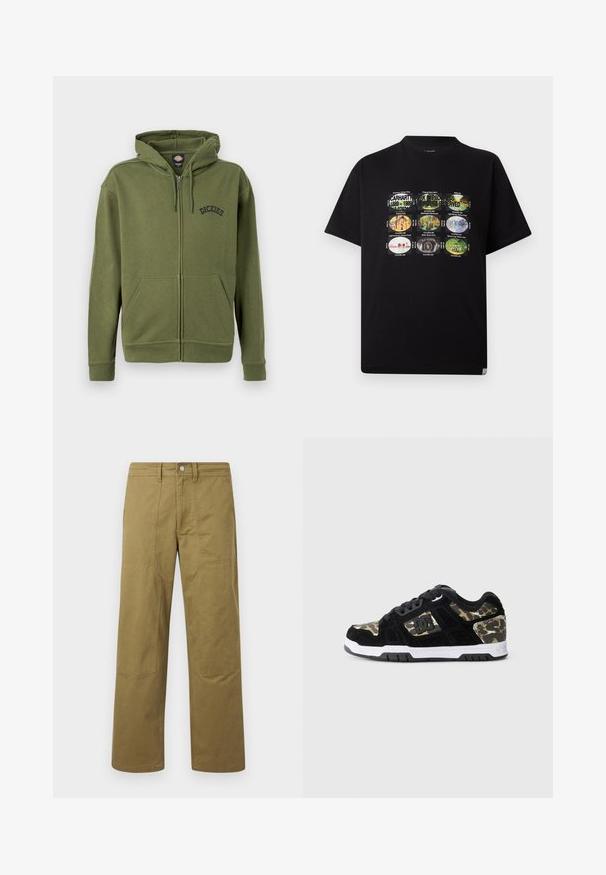 Olivengroene zip-up hoodie met voorzakken, verstelbare trekkoordkap en "Dickies"-logo op de linkerborst.; Zwart T-shirt met negen rechthoekige vintage fotoprints en tekst die verwijst naar Carhartt, bezienswaardigheden en parken aan de voorkant in het midden.; Rechtvallende khaki broek met zichtbare naaddetails, riemlussen, een knoopsluiting aan de voorkant en patchachtige kniepaneeltjes.; Zwarte suède sneaker met een camouflagemotief aan de zijkant, witte tussenzool en zwarte rubberen zool. Bevat veters en logo-details aan de zijkant.