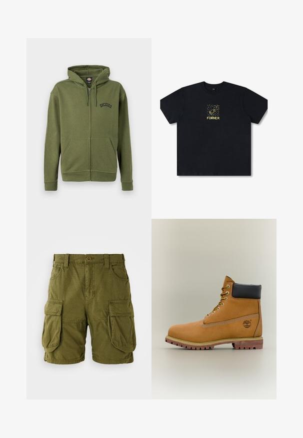 Olivengroene zip-up hoodie met voorzakken, verstelbare trekkoordkap en "Dickies"-logo op de linkerborst.; Zwart katoenen T-shirt met een gouden grafisch ontwerp van een raket en sterren. Korte mouwen, ronde hals, relaxte pasvorm en duurzaam materiaal.; Olijfgroene cargo shorts van katoenmix. Voorzien van twee grote zijzakken en een knoopsluiting met riemlussen. Glad textuur.; Bruine leren enkellaars met zwarte kraag, gele veters en een zandkleurige zool. Voorzien van een logo en witte stikseldetails. Robuuste loopzool met grip.