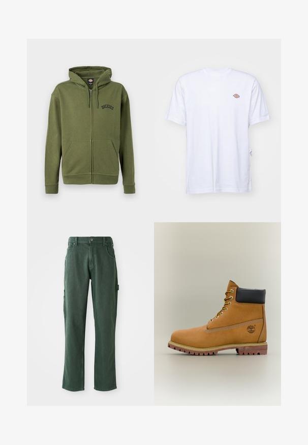 Olivengrøn lynlåshættetrøje med forlommer, justerbar snøre i hætten og "Dickies"-logo på venstre bryst.; Hvid bomulds t-shirt med v-hals og korte ærmer. Har et lille farverigt broderet logo på venstre bryst. Blød tekstur.; Grønne cargo bukser lavet af bomuldsblanding, med en lige ben skæring, lommer og tonalt syning. Glat tekstur med subtil glans.; Brun læderankelstøvle med sort krave, gule snørebånd og tanfarvet sål. Har logo og hvide syninger som detalje. Robust ydersål med greb.