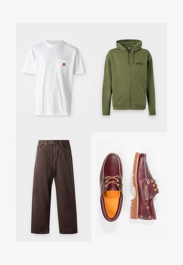 Olivgrüner Kapuzenpullover mit Reißverschluss, Fronttaschen, verstellbarer Kapuze mit Kordelzug und "Dickies"-Logo auf der linken Brustseite.; Weißes Baumwoll-T-Shirt mit rundem Halsausschnitt und kurzen Ärmeln. Verfügt über ein kleines rotes Herzlogo auf der linken Brusttasche.; Braune weite Baumwollhosen mit einem klassischen Five-Pocket-Design, einem Reißverschluss und sichtbaren Nähdetails.; Bordeauxfarbene Lederschuhe mit braunen Gummisohlen, runder Zehenform, weißen Nähten und goldenen Ösen. Das Innenfutter weist eine gelbe Beschichtung auf.