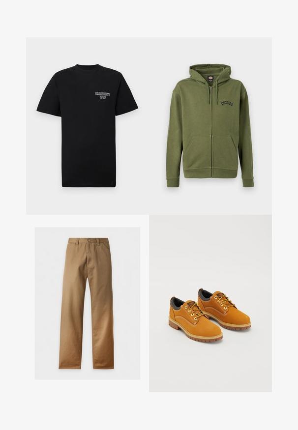 Olivengroene zip-up hoodie met voorzakken, verstelbare trekkoordkap en "Dickies"-logo op de linkerborst.; Zwarte katoenen t-shirt met korte mouwen en een ronde hals, met een witte bedrukte logo op de linkerborst. Gladde textuur, normale pasvorm.; Rechtgesneden kaki bruine broek met riemlussen, knoopsluiting en voorzakken, getoond tegen een witte achtergrond.; Bruine suède schoenen met een ronde neus, gele veters, een gewatteerde zwarte kraag en rubberen zolen met gripgroeven.