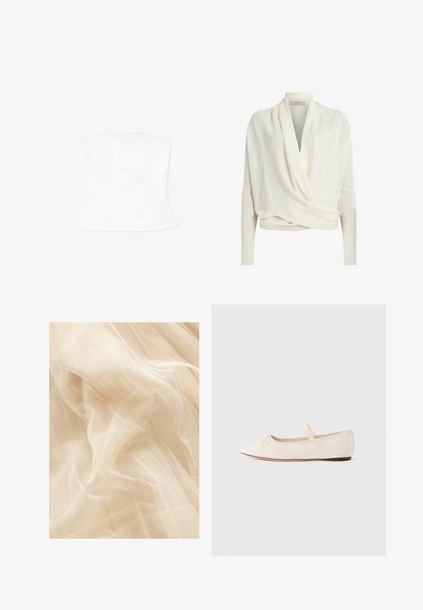 Suéter blanco envolvente hecho de una suave tela de punto, con un frente drapeado, mangas largas y textura acanalada en los puños y el dobladillo.; Top corsé blanco sin tirantes, con forma ajustada, textura suave, costuras laterales y un dobladillo acampanado. Fabricado en tejido ligero.; Tela de tul color beige claro con una textura suave y transparente, que presenta un tejido de malla fina que crea suaves ondas y pliegues.; Bailarinas de piel de ante beige claro, con puntera puntiaguda y una fina tira elástica sobre el empeine. Suela plana con un pequeño detalle de goma.