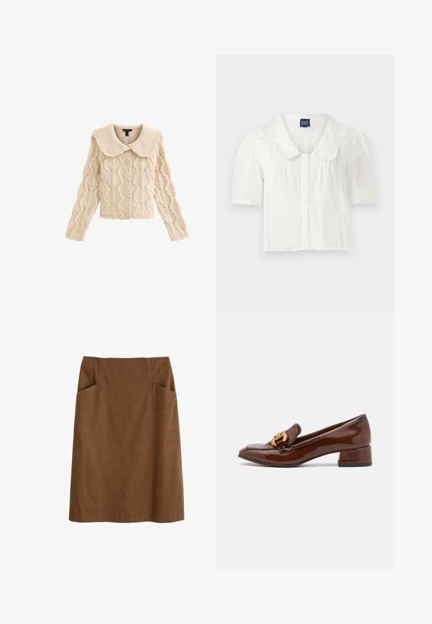 Cárdigan beige de punto con cuello festoneado, patrón texturizado y cierre con botones. Mangas largas con bordes acanalados y detalles de tejido abierto.; Blusa blanca de manga corta con cuello y cierre de botones, que presenta pliegues verticales sutiles y acentos texturizados a lo largo de los lados.; Falda de algodón marrón con cintura ajustada, dos bolsillos laterales y corte recto. La tela tiene una textura suave y un brillo sutil.; Mocasines de cuero marrón con un acabado brillante, que presentan una hebilla decorativa dorada en la parte frontal y un tacón bajo tipo bloque. Diseño clásico.