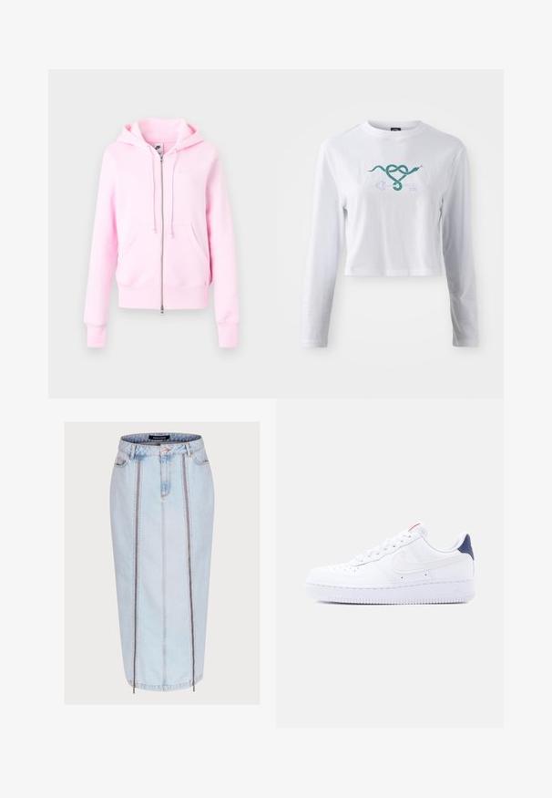 Ανοιχτό ροζ φούτερ Nike με φερμουάρ, κουκούλα με κορδόνια, τσέπες μπροστά και διακριτικό λογότυπο στο στήθος, εμφανίζεται σε απλό φόντο.; Άσπρη κοντομάνικη μπλούζα με μακριά μανίκια από βαμβάκι, με γραφικό σχέδιο ενός πράσινου φιδιού που είναι διαπλεκόμενο με σχέδιο ενός κλειδιού στο μπροστινό μέρος.; Ανοιχτό μπλε τζιν φούστα με εφαρμοστή σχεδίαση, διαθέτοντας δύο μπροστινές τσέπες με φερμουάρ, λεπτομέρειες σε κεντρική ραφή και μήκος μέχρι τα γόνατα.; Λευκό παπούτσι χαμηλού προφίλ με οπές στο μπροστινό μέρος, λευκά κορδόνια, λογότυπο Swoosh σε λευκό και σκούρο μπλε ταμπελάκι στη φτέρνα.
