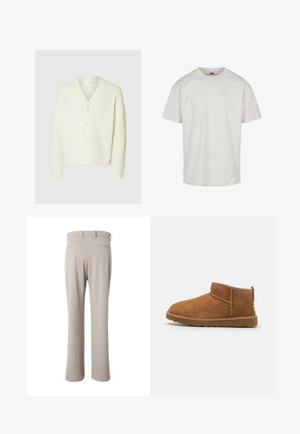 Cárdigan de punto color crema con escote en V, mangas largas, puños y dobladillo acanalados, y cuatro botones en la parte frontal.; Camiseta de algodón gris claro con mangas cortas, cuello redondo y un ajuste relajado. Tejido texturizado con un sutil patrón jaspeado.; Pantalones beige de corte recto mostrados por detrás, con trabillas para cinturón y dos bolsillos de vivo en la cintura.; Bota de tobillo de ante de color marrón claro con punta redondeada, detalles de costura sutiles y una suela de goma texturizada. Altura corta sin cordones.