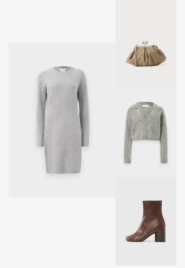 Grå cropped cardigan lavet af en blød uldblanding. Har V-hals, lange ærmer og fire knapper foran.; Grå ribbet strikkjole med lange ærmer, rund udskæring og sidesplitter. Stofstrukturen er blød med et ensartet lodret mønster.; Brune læderankelstøvler med en glat tekstur, firkantet tå og solid træhæle, med en enkel lynlås langs siden.; Læderclutch i blød beige med afrundet form, plisseret tekstur, sølvfarvet kiss-lock lukning og aftagelig kæderem.