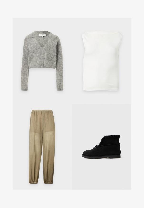 Cardigan gris raccourci en mélange de laine douce. Comprend un col en V, des manches longues et quatre boutons de fermeture à l'avant.; Top tube blanc ajusté sans bretelles avec un décolleté droit et un tissu lisse, présenté sur un fond clair.; Pantalon en lin beige léger et ample avec une taille élastique et des poignets élastiques aux chevilles.; Botte de cheville en suede noir avec doublure en fourrure visible à l'ouverture et un lacet noué autour de la partie supérieure.