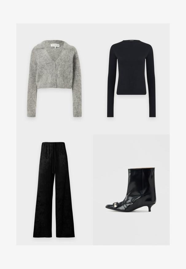 Grau gekürzte Strickjacke aus weichem Wollmischgewebe. Mit V-Ausschnitt, langen Ärmeln und vier Knöpfen vorne.; Schwarzes, langärmeliges, figurbetontes Crop-Top mit Rundhalsausschnitt aus geripptem Strickstoff, dargestellt vor schlichtem hellgrauem Hintergrund.; Schwarzweite Hosen aus glattem Stoff, mit elastischem Bund, Zugbanddetails und einem subtilen Blumenmuster.; Schwarzer Leder-Stiefelette mit spitzem Zehen, niedrigem Kitten-Heel und dekorativer silberner Schnalle seitlich nahe der Zehen.