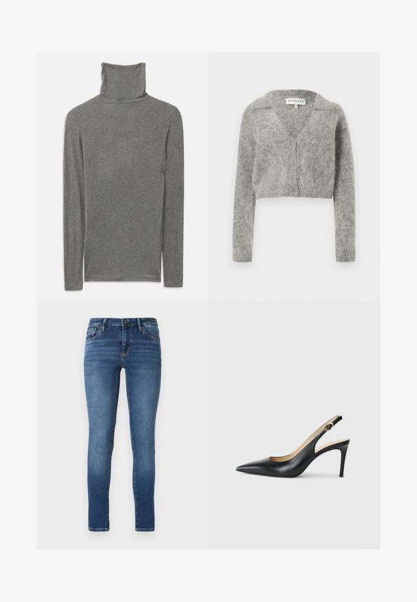 Grå cropped cardigan lavet af en blød uldblanding. Har V-hals, lange ærmer og fire knapper foran.; Grå langærmet polo t-shirt lavet af et blødt, struktureret stof. Har et højt halsdesign og en tætsiddende silhuet.; Tætsiddende jeans i mørkeblå denim med fem lommer, knaplukning og lyse falmede detaljer foran og bagpå for ekstra struktur.; Sorte læder slingback højhælede sko med spids tå, justerbar rem og en slank stiletto hæl, der har en glat finish.
