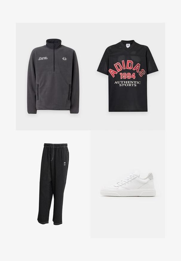Grau Fleece-Pullover mit hohem Kragen, halber Reißverschluss vorne, zwei seitlichen Taschen und gesticktem "Original Sports Club"-Text sowie Logo.; Schwarzes Sportshirt aus Mesh mit kurzen Ärmeln, rotem "ADIDAS 1994"-Schriftzug und weißem "AUTHENTIC SPORTS"-Text auf der Vorderseite, V-Ausschnitt.; Schwarze Streifenhose mit einem elastischen Bund, seitlichen Taschen und einem kleinen Logoetikett auf der Vorderseite. Leichter Stoff mit einer glatten Textur.; Weiße Leder-Sneaker mit glatter Oberfläche, rundem Zehenbereich, flachen Schnürsenkeln und strukturiertem Schuhsohlen. Graues Wildleder-Detail an der Ferse.