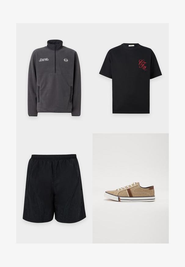 Grå fleecepullover med høj krave, halvlynlås foran, to sidelommer og broderet tekst og logo "Original Sports Club".; Sort kortærmet t-shirt med rødt kursiv "CF" og lille vinget kerub-design på øverste venstre bryst.; Sorte shorts lavet af letvægts, struktureret stof, der har en elastisk talje og sidelæns paneldetaljer for et strømlinet udseende.; Beige lærredssko med brune læderdetaljer, hvid gummisål og kontraststriber på tåen. Flade snørebånd og glat tekstur.
